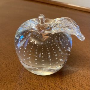 Apple Paperweight Controlled Bubble Art Glass with Leaf and Stem, Murano Style